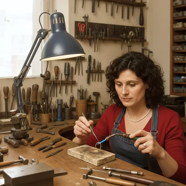 Schmuckwerkstatt Schmuckwerkstatt Goldschmiedin beim Löten eines Goldrings